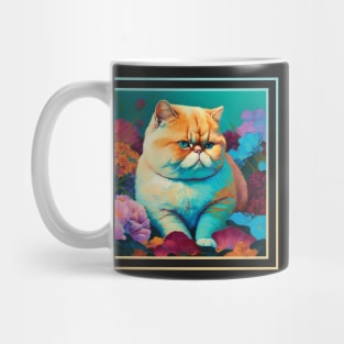 Famished Exotic Shorthair Cat Vibrant Tropical Flower Digital Oil Painting Portrait Mug